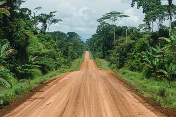 Obraz premium A dirt road stretches through dense jungle vegetation, creating a path in the wild surroundings