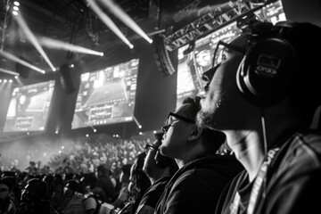 Two men sitting in front of a crowd, wearing headphones, immersed in the front row fan experience - obrazy, fototapety, plakaty