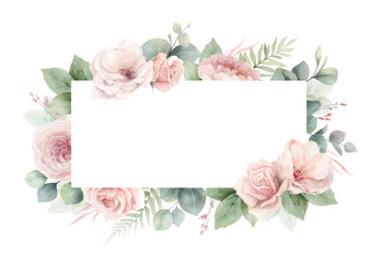 Fototapeta na wymiar Dusty pink roses flowers and eucalyptus leaves. Watercolor vector rectangular floral frame. Wedding stationary, greetings, fashion, home decoration. Hand painted illustration.