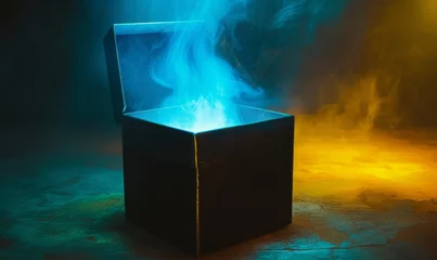 Foto op Plexiglas   A black box emitting a blue flame against a yellow-blue backdrop, with smoke escaping © Mikus
