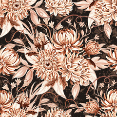 Seamless pattern monochrome from chrysanthemum with leaves on dark background. Hand drawn watercolor illustration brown color. Garden flowers. Template for wallpaper, scrapbooking, wrapping, textile.