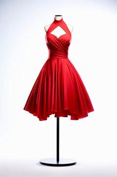 Red evening midi dress on a mannequin on white background.
