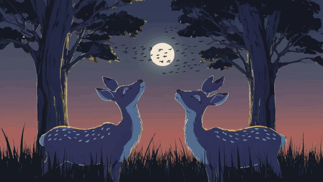 Enchanted Twilight: Two Deer in Reverence of Nature's Splendor