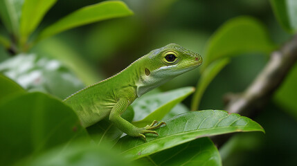 Zbliżenie na zieloną jaszczurkę wspinającą się na zielony liść