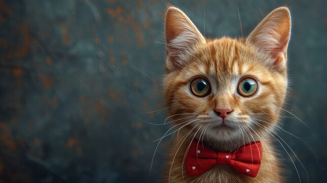   A tight shot of a feline donning a red bow tie, gazing intently at the camera with a grave expression