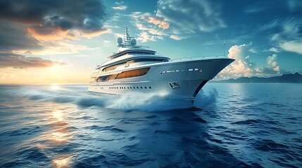 Beautiful super yacht on the deep blue ocean sea ,dramatic cloudy sky scene AI generated