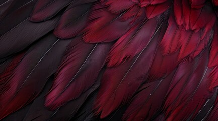   A tight shot of a bird's back displaying intermixed red and black feathers - obrazy, fototapety, plakaty
