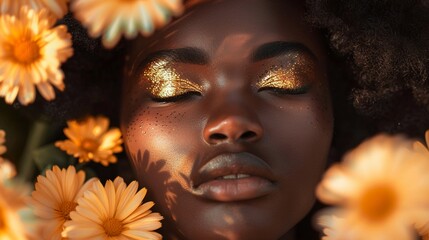 Afro queen, delicate pastel flowers, golden aura, aesthetic grace
