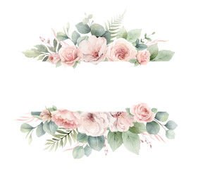 Dusty pink roses flowers and eucalyptus leaves. Watercolor vector floral banner. Wedding, greetings, wallpapers, fashion, home decoration. Hand painted illustration. - 773281405