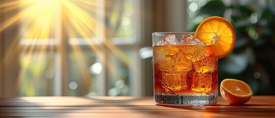   A tight shot of a glass filled with soda, topped by an orange slice, situated on a table near a window - obrazy, fototapety, plakaty