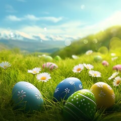 Colorful easter egg in spring grass in sunny backlight. Easter eggs panorama picture