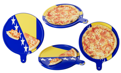 Bosnian Flag Themed Plates with Cheesy Pizza Slices