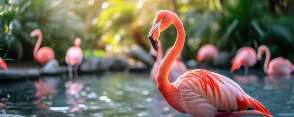 flamingo in natural habitat. Big pink popular bird is relaxing near water pond - obrazy, fototapety, plakaty