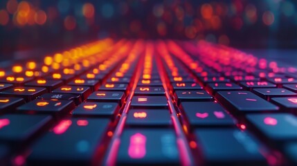   A tight shot of a computer keyboard with red and yellow lights emanating from the keycap tops