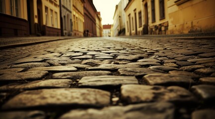   A cobblestone city street, flanked by edifices, houses a passerby - obrazy, fototapety, plakaty