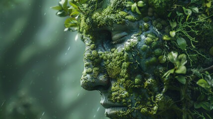 A green face with moss and plants growing on it. The face is surrounded by trees and plants, giving it a natural and organic appearance. - obrazy, fototapety, plakaty