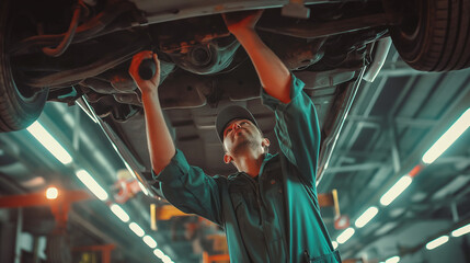 A car mechanic inspects the undercarriage of a car lifted on a hoist in a garage, servicing and repairing cars