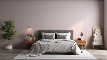 Fototapeta na wymiar Modern cozy scandi gray bedroom ,Modern bedroom interior design with gray walls, wooden floor, comfortable king size bed with two pillows