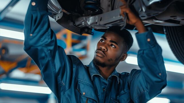 A car mechanic inspects the undercarriage of a car lifted on a hoist in a garage, servicing and repairing cars 