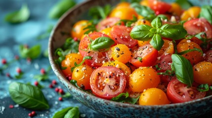   A tight shot of a blue bowl brimming with tomatoes and basil The vibrant red tomatoes contrast beautifully against the blue backdrop, while basil leaves pepper the dish