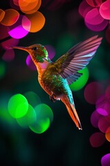   A hummingbird flies in the air against a background of blurred lights