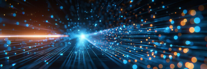 A single beam of light, laser, composed by glowing lines and dots in blue color on black background. futuristic abstract blue neon light motion technology digital concept, Digital Wave Technology