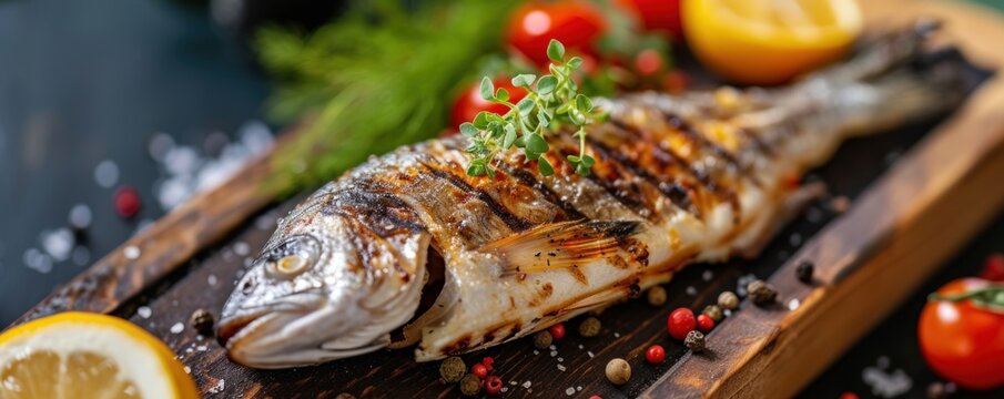 Tasty grilled fish with food decoration like lemon or tomatoes
