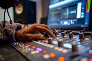 A person fine-tunes audio levels on a soundboard in a recording studio using a screen and their hand - obrazy, fototapety, plakaty