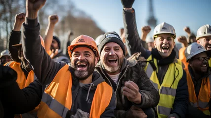 Foto op Canvas Construction workers smiling in yellow vests and vests raise their hands in the air at construction site,generative ai © Krisana