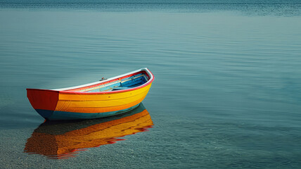 Fototapeta na wymiar Bright day on a tranquil sea with a colorful watercraft bobbing gently