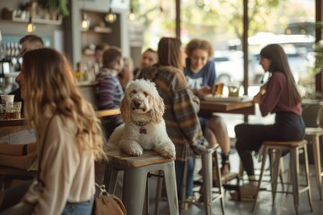 A dog sits obediently on a stool in a restaurant while patrons enjoy their meals