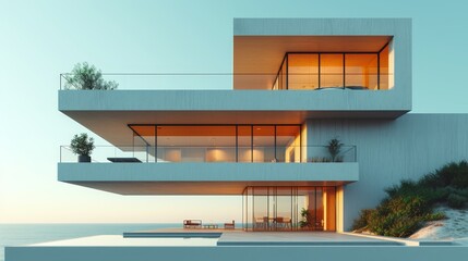 Fototapeta premium A large white building with two balconies on the top floor and one on the second
