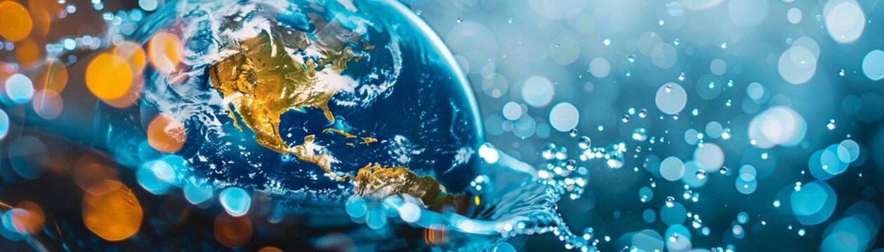 Continent shaped water droplets on globe, global interconnectedness, water awareness concept