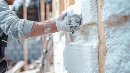 Construction worker installing styrofoam insulation sheets on house wall for thermal protection. - obrazy, fototapety, plakaty