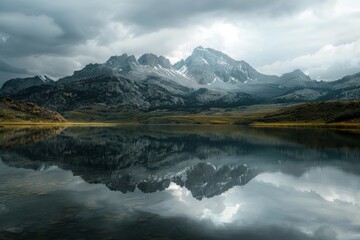Fototapeta na wymiar A large body of water nestled amidst towering mountains, reflecting the cloudy sky in its serene surface