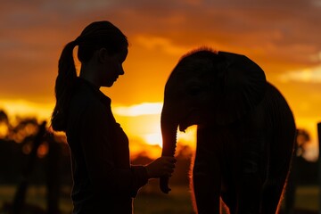 Volunteer stands beside baby elephant in silhouette against sunset backdrop