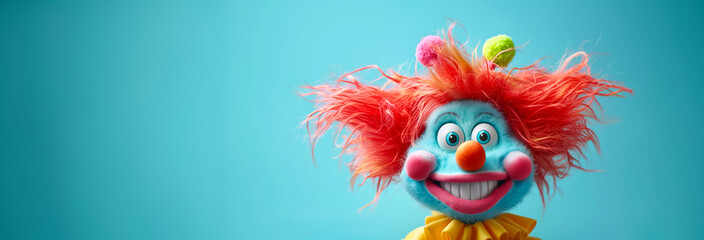Toy Clown with Colorful Wig Smiling Happily. April Fool's Day concept. - obrazy, fototapety, plakaty