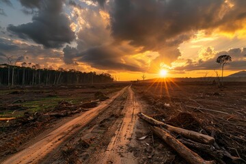 The sun is setting over a dirt road, casting warm golden light. Trees line the sides as the sky changes color