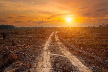 A dirt road under a setting sun in the background