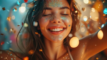 Radiant Joy in Festive Celebration,  joyful woman is covered in colorful glitter, her eyes closed and smile wide, as she revels in the enchanting atmosphere of a festive celebration - obrazy, fototapety, plakaty