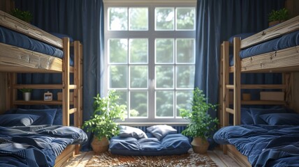 Hostel interior with navy blue bedding on wooden bunks and a bright window view - obrazy, fototapety, plakaty