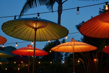 A group of umbrellas brightly lit up in the soft twilight, creating a colorful and vibrant scene