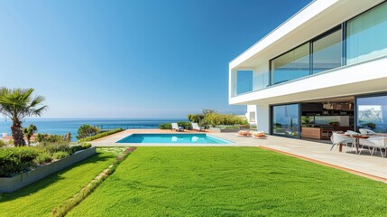 Fototapeta premium Luxury beach house with sea view swimming pool and garden. Vacation home.