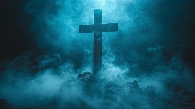   A cross, embedded in a dense cloud of smoke, bears a brilliant light at its center