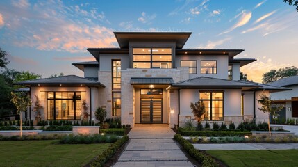 Modern home with entrance and front yard. - obrazy, fototapety, plakaty