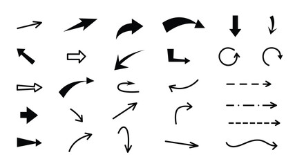 Curved hand drawn black arrows set. Vector collection of pointers in simple doodle style. Direction pointers, scribbles and scrawls - obrazy, fototapety, plakaty