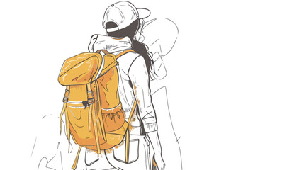 Woman carry Backpack Solo traveller Hand drawn line a