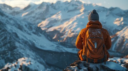 Solitude in Snowy Mountains, lone traveler contemplates the majestic snowy mountains, embodying solitude and the grandeur of nature during a winter journey