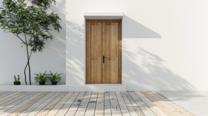 New house with wooden front door and trees, empty white wall on sunlight morning.