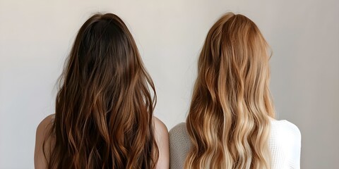 Fototapeta premium Before and after hair extensions on a white background showcasing the transformation in length and volume. Concept Hair Extensions, Before and After, White Background, Length Transformation